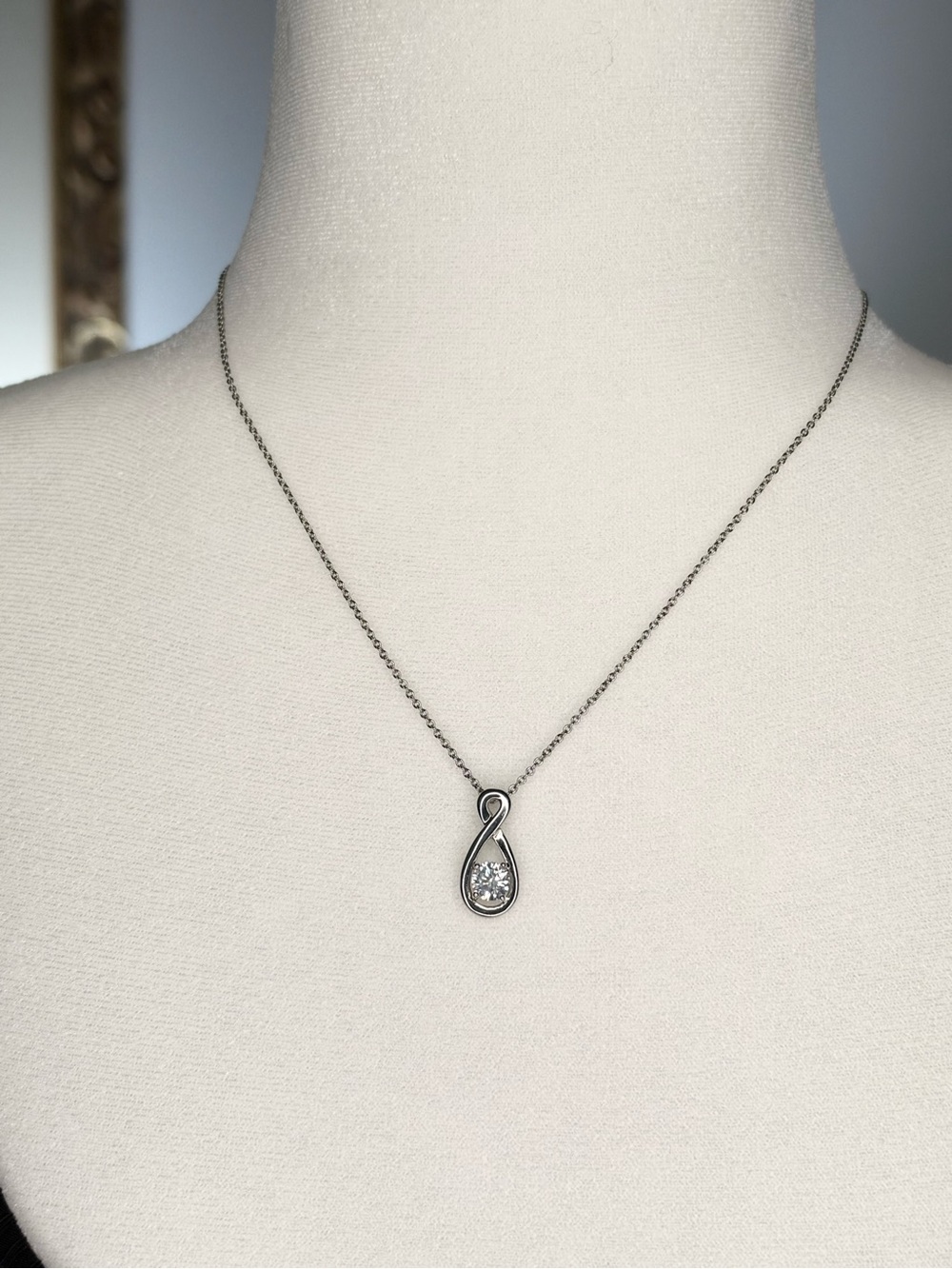 Silver Tone Infinity Teardrop Pendant Necklace Clear Crystal Adjustable 16-18”